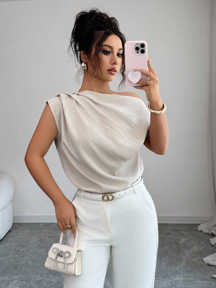 Elenzga Blouse plissée à l'épaule oblique, mode minimaliste polyvalente pour femmes - Kaki - Voir 4