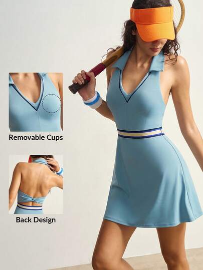VARSIVA 女式条纹挂脖休闲健身运动连衣裙蓝色网球裙浅蓝色网球裙挂脖网球裙无袖网球裙女式网球裙