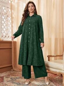 Al Najma Set casual de 2 piezas con botones de contraste y textura jacquard en talla grande - Verde - Ver 4