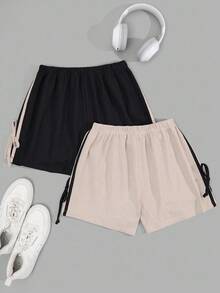 SHEIN Cottnline Women 2 Packs Waflle With Contrast Colour Side Stripe With Bow Detail Homwear Lounge Shorts Set - Multicolor - View 3