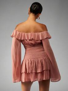 MISSGUIDED Off Shoulder Ruffle Mini Dress With Bell Sleeves Smocked Waist Evening Party Wedding Guest Spring Summer - Camel - View 2