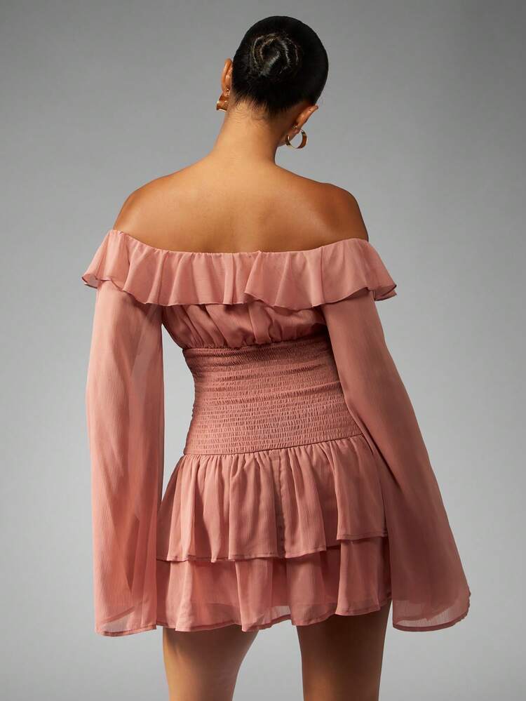 MISSGUIDED Off Shoulder Ruffle Dress With Bell Sleeves
