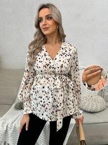 SHEIN Women's Floral Print V-Neck Tie Front Maternity Nursing Top, Autumn - Apricot - View 3