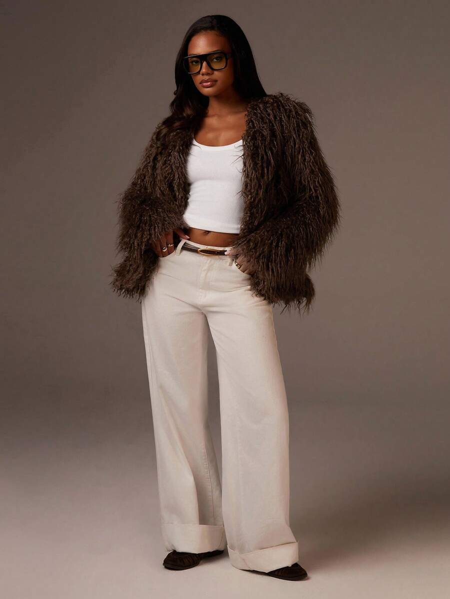 Athîral Women's Deep Mocha Faux Fur Jacket | Luxe Shaggy Faux Fur Fabric, Relaxed Straight Silhouette, Collarless Design, Full-Length Voluminous Sleeves, Minimalist Hook-And-Eye Closure, Elegant & Light Luxury Detailing, Chic Autumn And Winter Office Style, Faux Fur Coat, Brown Jacket Women,New Year Clothes,Fall Outfits For Women