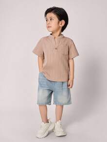 SHEIN 1 件青少年休闲韩版短袖宽松针织半开襟立领衬衫，适合暑期学校日常穿着