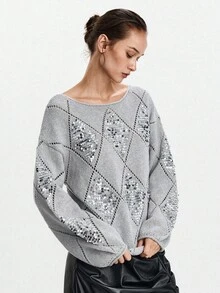 SHEIN LUNE Rhombus Sequin Embroidery Loose Pullover Sweater, Autumn/Winter Fall Cloth For Women - Grey - View 2