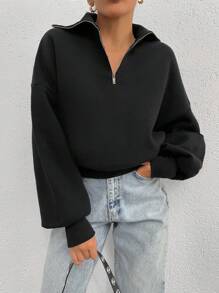 SHEIN Tall 100% Cotton Collar With Zipper Pattern Oversize Sweatshirt - Black - View 5