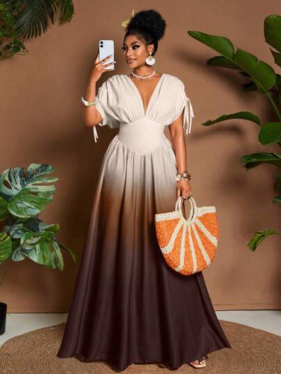 Eryvara Women Elegant Romantic Ombre Print Tie Bow V-Neck A-Line Maxi Dress, Versatile Design For Outings, Beach, Music Festivals, Wedding Guest Graduation Outfit Business Casual Boho Drawstring Bow Tie Elastic Waist Vacation Travel Spring/Summer/Autumn A-Line Maxi Dress
