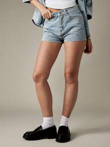 MISSGUIDED Pantalones cortos vaqueros de tiro alto con textura jacquard, moda de verano de festival clásica, pantalones cortos calientes de talle medio, estilo retro vintage, casual