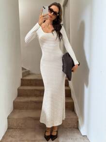 Easowa Blue And White Stripe,Autumn,Elegant,Dates Long Sleeve Maxi Dress,Apricot Waffle Fabric Knit Bodycon Fish Tail Skirt For Women Christmas Clothes - Apricot - View 1