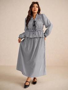 Elaquor 大码女式条纹荷叶边前系带灯笼袖衬衫和半裙两件套 - 黑與白 - 查看 4