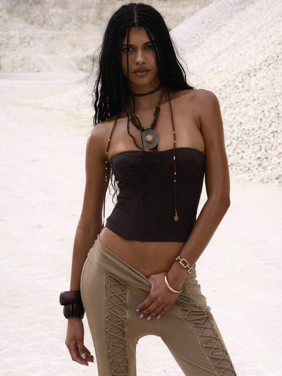 MUSERA 编织系带束身无肩带紧身胸衣，适合夜晚外出、约会、生日等场合，优雅迷人，适合秋季、假日、派对、夏季和春季穿着。 - 咖啡棕 - 查看 1