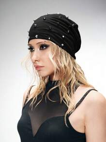 ROMWE Grunge Punk 1pc Punk Style Lightweight Rivet Decorated Beanie, High-Quality Y2K Vintage Solid Black Warm Fold-Over Hat, Fashionable Daily All-Season Wear - Multicolor - View 5