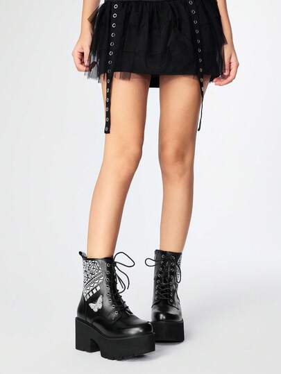 Grunge Punk Botas con plataforma de mujer con estilo negro, con cremallera lateral, bordado de mariposa, punta redonda con costura, cordones y estilo gótico punk