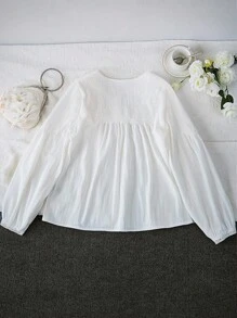 INAWLY 加大圆领灯笼袖衬衫 - 白色 - 查看 2