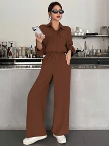 DAZY 女士休闲通勤纯色衬衫和裤子两件套，秋冬家居服套装 - 棕色 - 查看 4