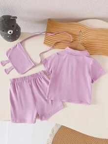 SHEIN 3 件套女婴粉色领短袖纽扣上衣、可爱小熊印花单肩包、松紧腰蝴蝶结短裤套装，适合春、夏、秋季的舒适休闲装 - 紫色 - 查看 2