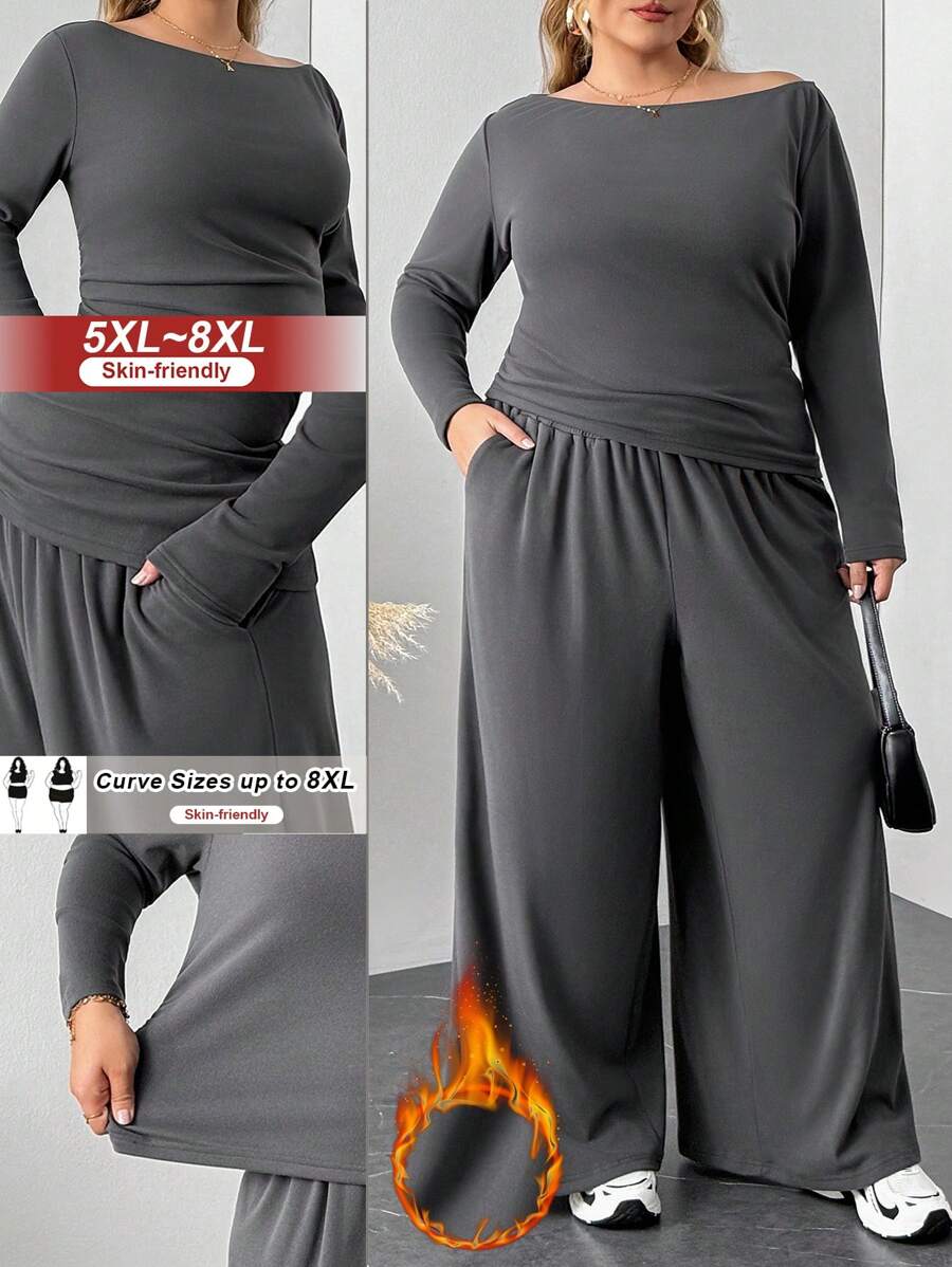 SHEIN CURVE+ 2 Stück/Set Damen Große Größen Grau Langarm T-Shirt und Hose Strick Slim Fit Anzug/Herbst/Winter - Dunkelgrau - Übersicht 1