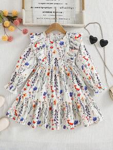 SHEIN Váy thường ngày nhún bèo họa tiết hoa voan cho bé gái - Màu Khaki - Xem 5