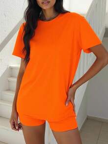 INAWLY 2 Pieces Women Summer Casual Solid Color Short Sleeve T-Shirt And Shorts Set - Orange - View 2