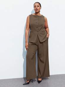 Maija Conjunto de 2 piezas de talla grande: blazer minimalista y pantalón de pierna ancha. Traje de pantalón de talla grande. Conjunto de ropa de lino de talla grande. Pantalón de pierna ancha de talla grande. Chaleco sin mangas de talla grande para otoño/invierno