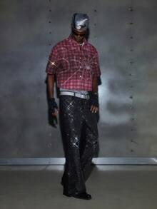 NEON BLANC Men's Summer Fashion Red Plaid Spider Web Rhinestone Denim Shirt - Red - View 1