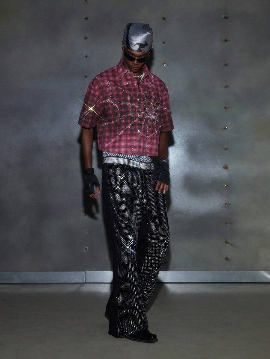 NEON BLANC Men's Summer Fashion Red Plaid Spider Web Rhinestone Denim Shirt - Red - View 1