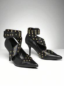 SHUZIA Women's Elegant Minimalist Point Toe Stiletto Heel Pumps With Buckle Eyelets Decors - Black - View 5