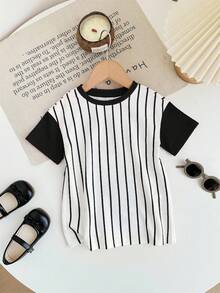 TaviRue Baby Girl Casual Comfy Cute Cartoon Animal Print & Striped Splice Sleeve Short Dress - Multicolor - View 2