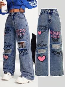 SHEIN PETITE 女式休闲破洞直筒牛仔裤，蓝色印花