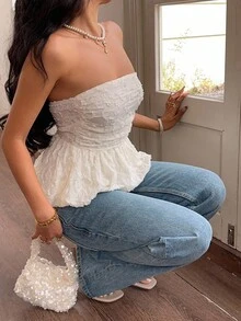 Serisse Women's Floral Ruched Hem Bandeau Crop Top Summer Casual - Beige - View 5