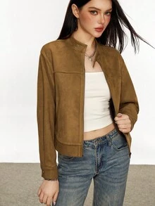 Rina Fox 女士时尚休闲复古简约浪漫优雅街头拉链口袋夹克 - 咖啡棕 - 查看 4