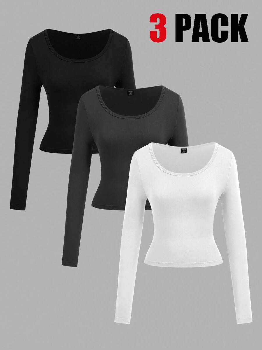 SHEIN EZwear 3 件女式圆领中长款休闲紧身基本款长袖 T 恤，适合秋冬季 - 彩色 - 查看 1