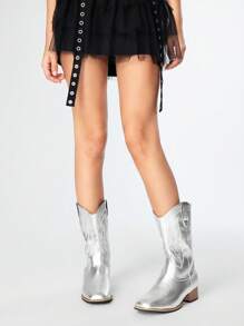 ROMWE Grunge Punk 女士户外时尚刺绣一脚蹬踝靴，2025年春秋季新款时尚西部短靴