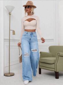 EMERY ROSE 大码女式无弹力做旧水洗宽松阔腿牛仔裤，浅蓝色优雅款 - 淺色水洗藍 - 查看 5