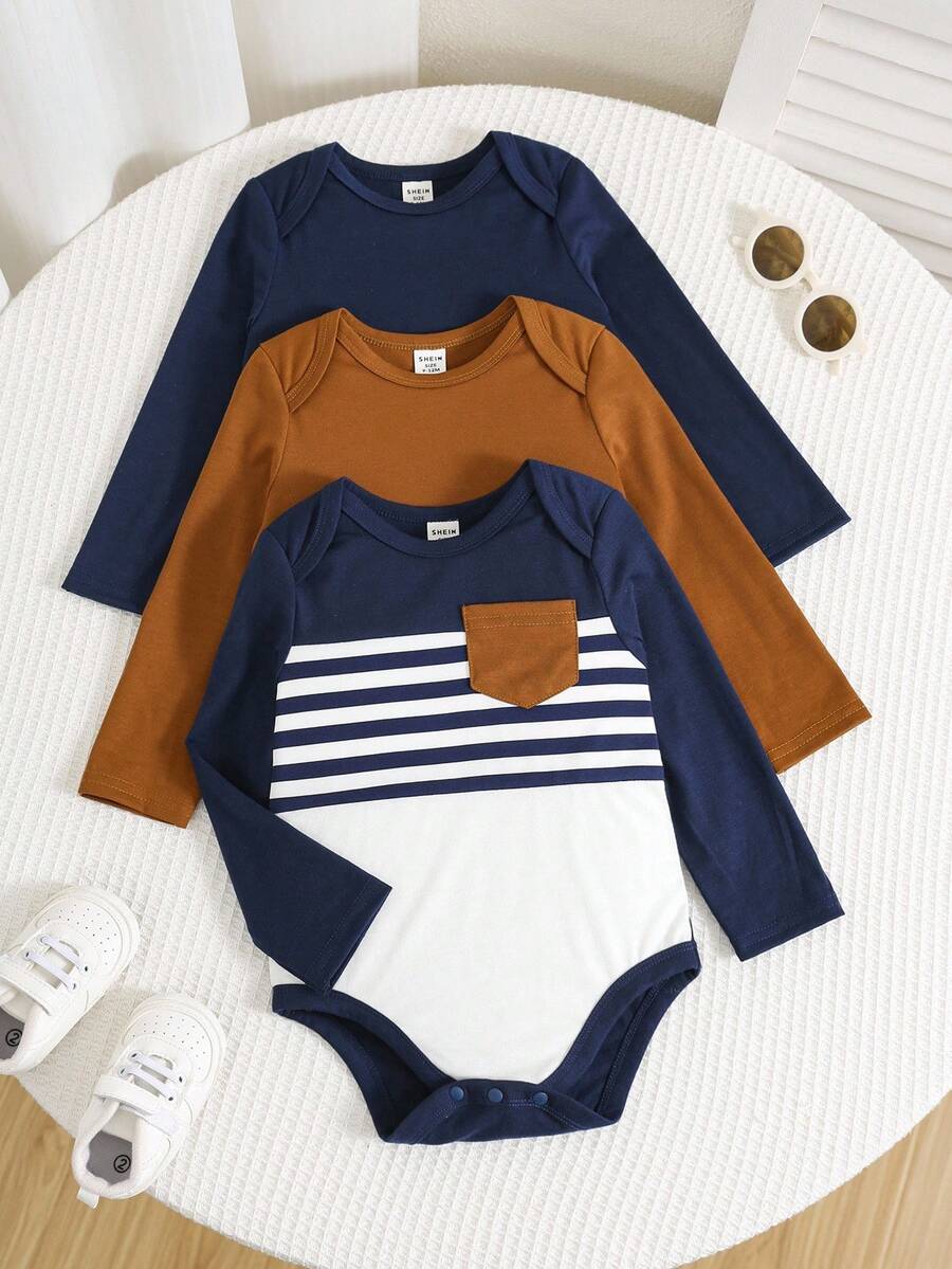 SHEIN 3件套新生儿男女通用纯色舒适休闲撞色拼接长袖连体衣和裤子套装，连体衣，适合室内、室外、日常、运动、玩耍、派对、拍照、度假等各种场合，四季皆宜。男婴连体衣套装，男婴长袖服装，3件装，婴儿套装，新生儿男婴服装，男婴秋季服装 - 彩色 - 查看 1