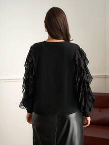 Chikora 大码女式圆领针织拼布雪纺镂空袖毛衣，经典时尚款式，适合日常穿着 - 黑色 - 查看 2