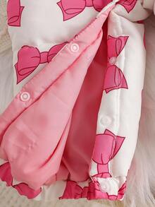 SHEIN 1 件女婴纯棉连帽连体衣，韩版蝴蝶结印花可爱甜美时尚百搭休闲厚保暖冬装 - 粉色 - 查看 5