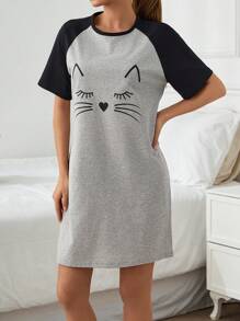 RueChic Women Contrast Colour Short Sleeve Detail With Cat Face Printed Sleepshirt - Grey - View 3