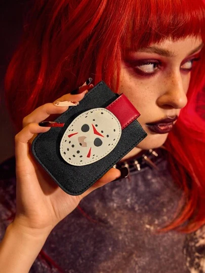 WB Horror X SHEIN 1pc PU Leather Cartoon Character Printed Card Holder, Fits 4 Cards, Suitable For Men, Women, Students, Baseball Mask