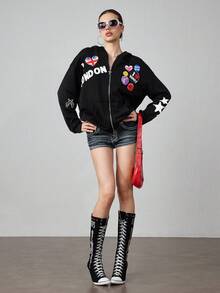 ROMWE Avant Y2K 街头服饰休闲美国国旗贴片印花连帽宽松运动衫女士运动衫 - 黑色 - 查看 7