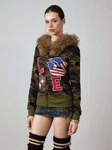 ROMWE Avant Y2K Baddie 美国国旗连帽运动衫，女式休闲修身款 - 軍綠色 - 查看 5