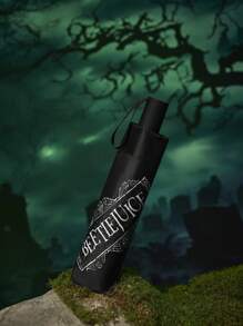 Beetlejuice X SHEIN 1pc Striped & Letter Graphic Umbrella, UV Protection, Suitable For School, Work, Outdoor And Daily Use, Designed For College Students, High School Students And Men & Women, Goth - Black and White - View 5