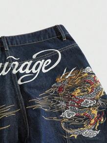ROMWE MEN Anime Men's Denim Letter Dragon Embroidery Loose Fit Casual Shorts - Blue - View 3