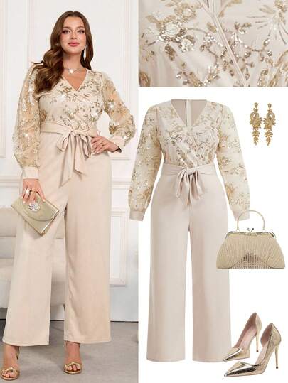 Ellevyn 大码女式花卉拼接亮片网纱长袖阔腿优雅连体裤 大码女式连体裤 优雅连体裤 女士优雅