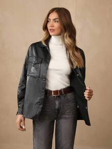 Wildy 女式春季时尚仿皮短袖夹克翻盖口袋落肩纽扣衬衫长袖衬衫