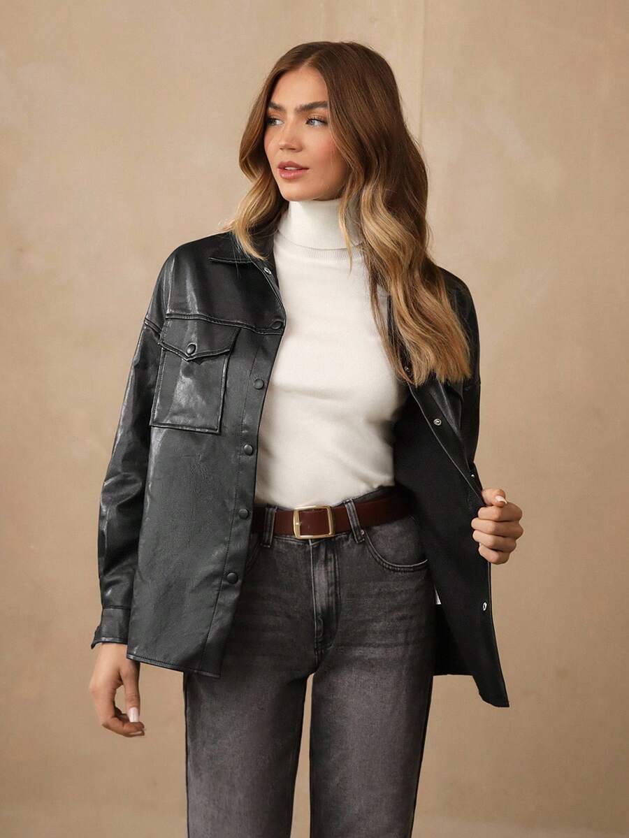 Wildy 女式春季时尚仿皮短袖夹克翻盖口袋落肩纽扣衬衫长袖衬衫