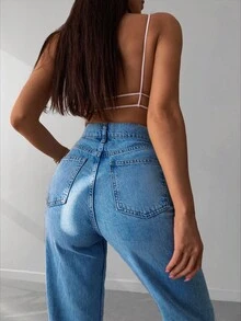 SHEIN Tall Women's Casual Washed High Waist Straight Leg Jeans - Medium Wash - View 5