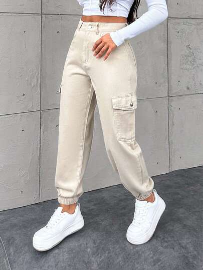 EURMUSE HIGH WAIST CARGO POCKET ELASTIC HEM CASUAL DENIM STYLE Beige Pants Women Pants With Pockets Casual Pants For Women Cargos For Women