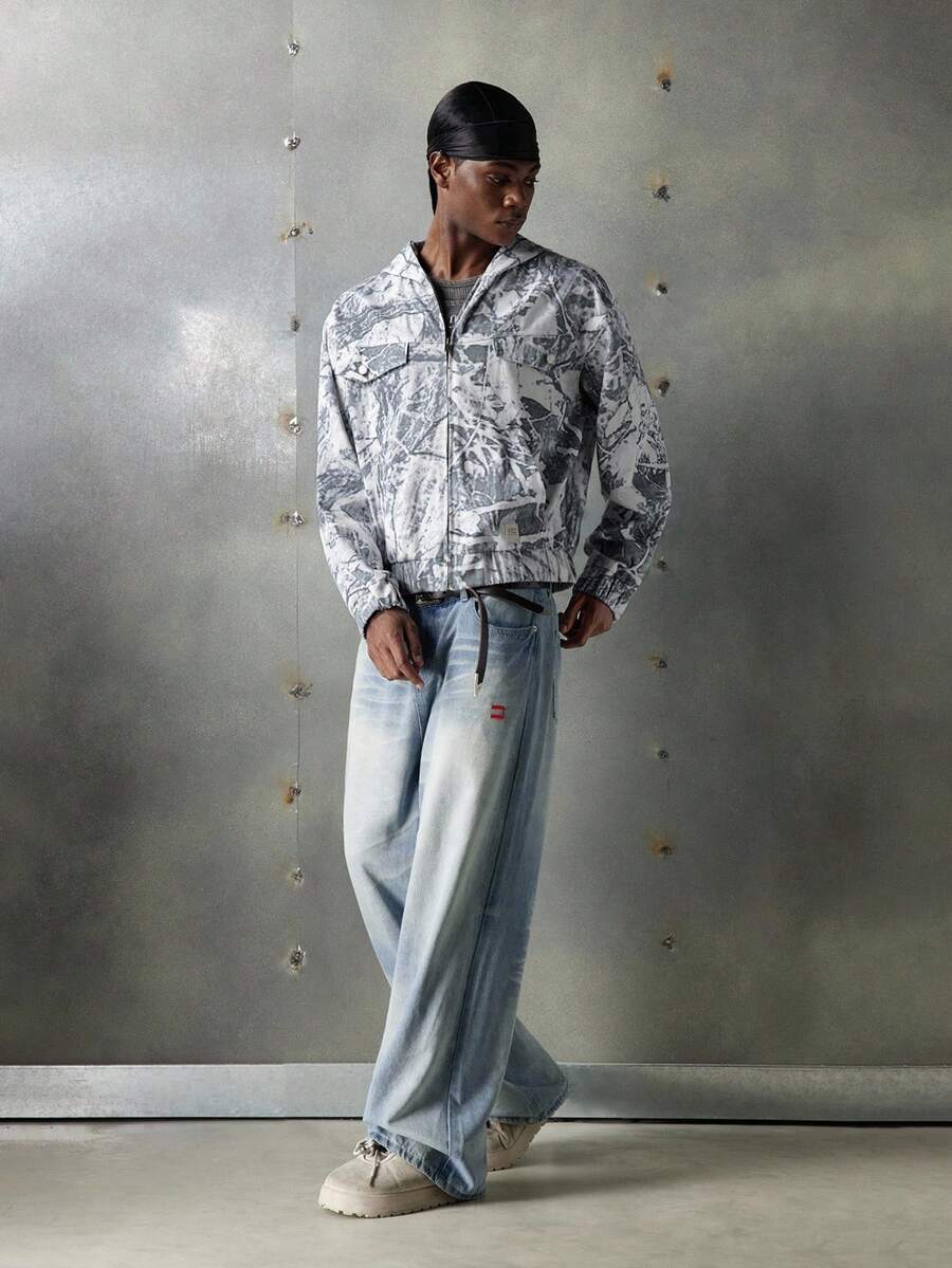 NEON BLANC Chaqueta casual con capucha y cremallera con estampado de ramas de otoño para hombre, para otoño e invierno - Blanco - Ver 1